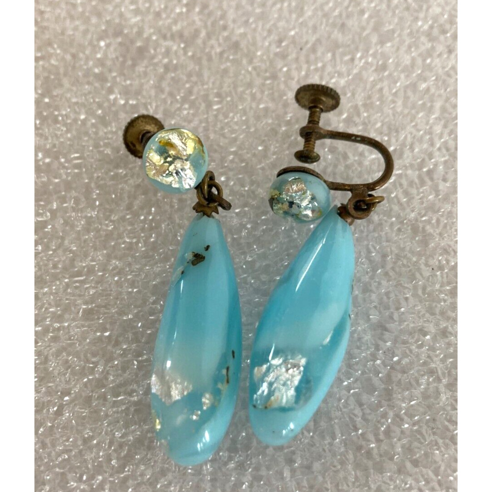Vintage Lucite Opalescent Dangle Earrings Screwback Blue Silver Fleck Japan